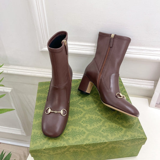 GUCCI HORSEBIT ANKLE BOOTS 6.5CM IN WALNUT BROWN SHEEPSKIN