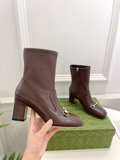 GUCCI HORSEBIT ANKLE BOOTS 6.5CM IN WALNUT BROWN SHEEPSKIN
