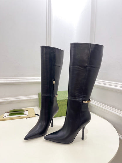 GUCCI SIGNORIA KNEE BOOTS 10.5CM IN BLACK CALFSKIN