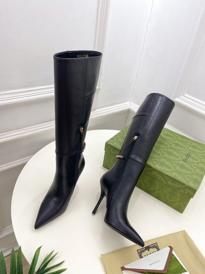 GUCCI SIGNORIA KNEE BOOTS 10.5CM IN BLACK CALFSKIN
