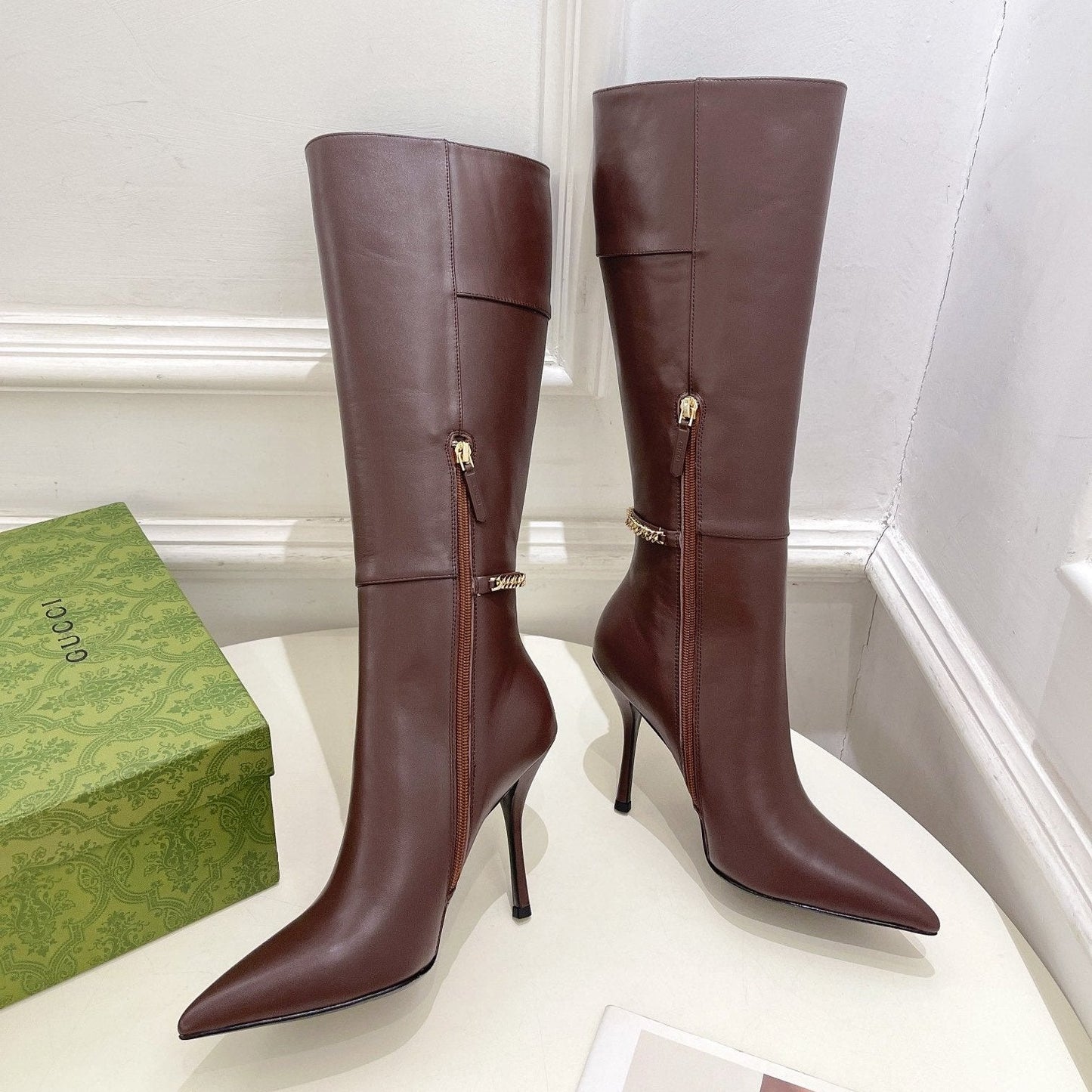 GUCCI SIGNORIA KNEE BOOTS 4.5CM IN WALNUT BROWN CALFSKIN