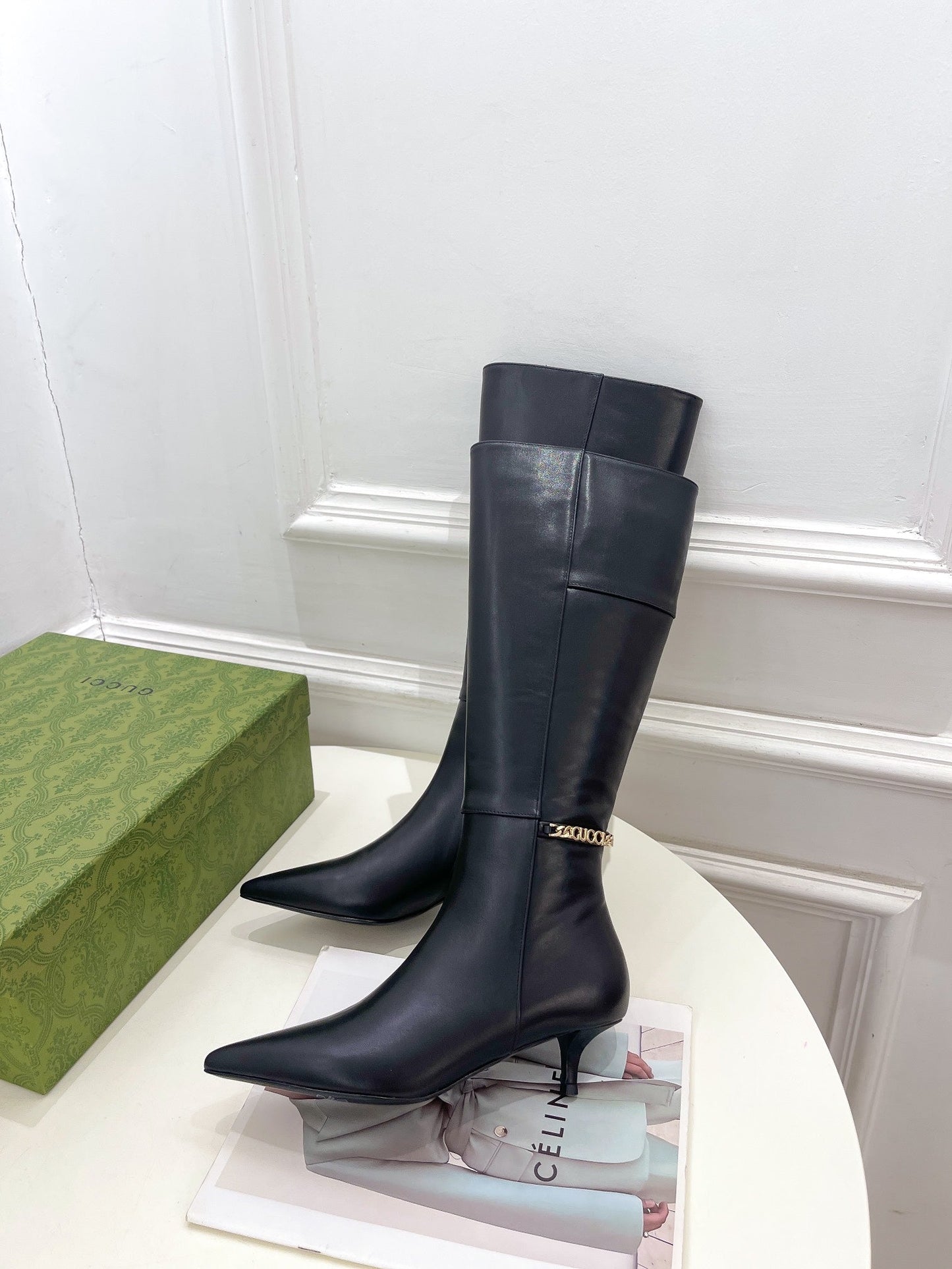 GUCCI SIGNORIA KNEE BOOTS 4.5CM IN BLACK CALFSKIN