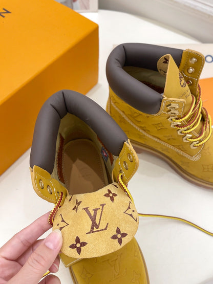 LOUIS VUITTON LV X TIMBERLAND MARTIN BOOT IN PEANUT BROWN MONOGRAM SUEDE