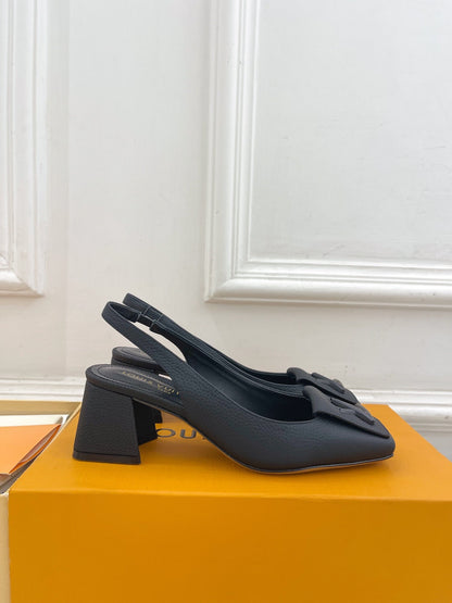 LOUIS VUITTON SHAKE SQUARE-TOE BLOCK HEEL 5.5 CM SANDALS IN BLACK PEPPLE CALFSKIN