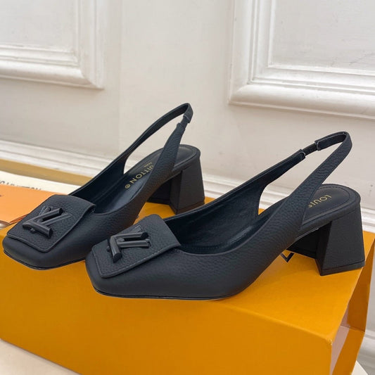 LOUIS VUITTON SHAKE SQUARE-TOE BLOCK HEEL 5.5 CM SANDALS IN BLACK PEPPLE CALFSKIN
