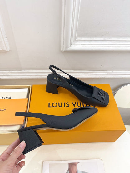 LOUIS VUITTON SHAKE SQUARE-TOE BLOCK HEEL 5.5 CM SANDALS IN BLACK PEPPLE CALFSKIN