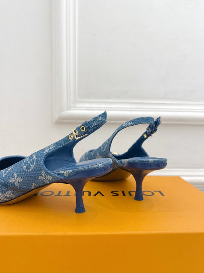 LOUIS VUITTON HIGH SLINGBACKS 5 CM IN CLASSIC BLUE MONOGRAM DENIM FABRIC