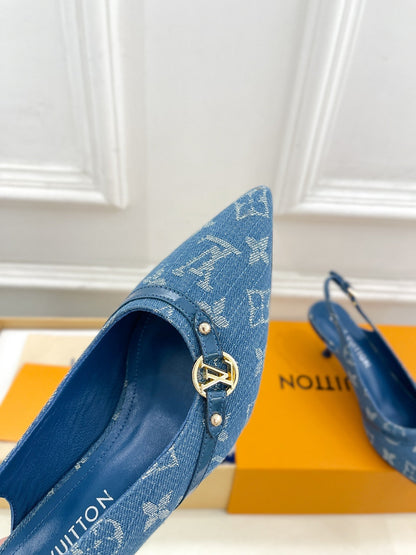 LOUIS VUITTON HIGH SLINGBACKS 5 CM IN CLASSIC BLUE MONOGRAM DENIM FABRIC