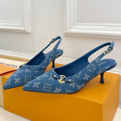 LOUIS VUITTON HIGH SLINGBACKS 5 CM IN CLASSIC BLUE MONOGRAM DENIM FABRIC